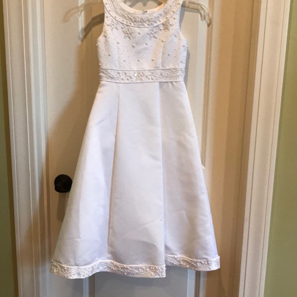 White pearl beaded bodice flower girl dress
